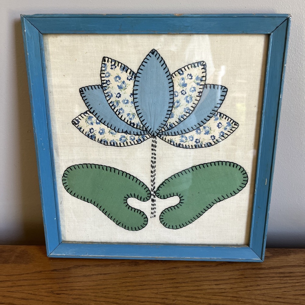Vintage Framed Primitive Folk Fabric Art Applique Embroidered Lotus Flower